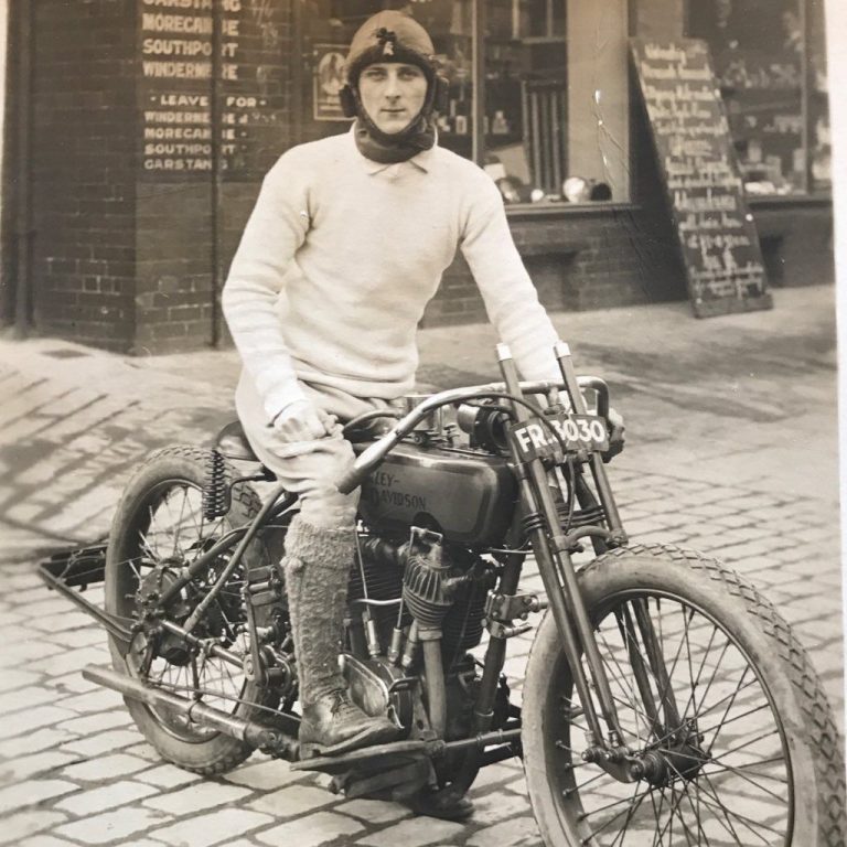William Lyons on his Harley-Davidson, UK license "FR 3030".