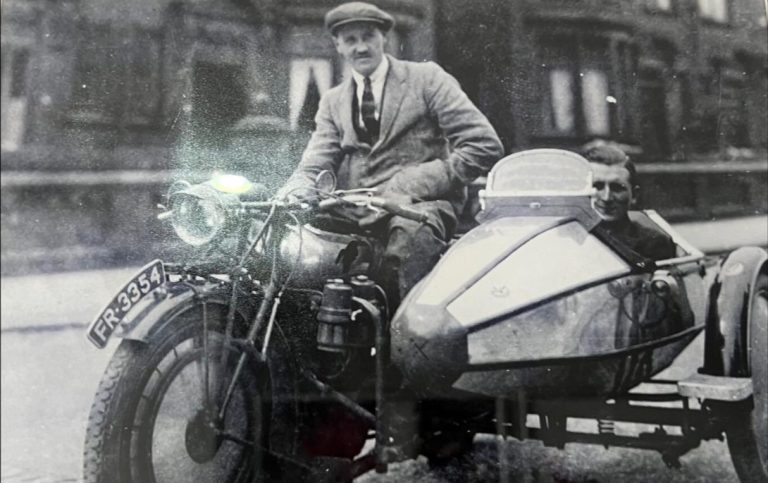 William Walmsley and William Lyons (sitting) in Swallow sidecar in the North Shore area of Blackpool where they both grew up…
