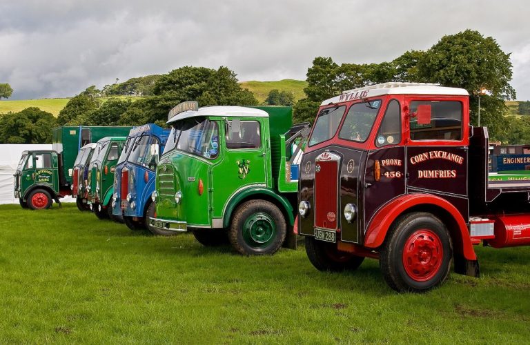 Photograph of a group of fine old Albion Commercial Vehicles at the Biggar Vintage Rally.