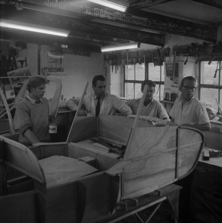 Frank Costin, the motor designer, at his motor factory in Dolgellau